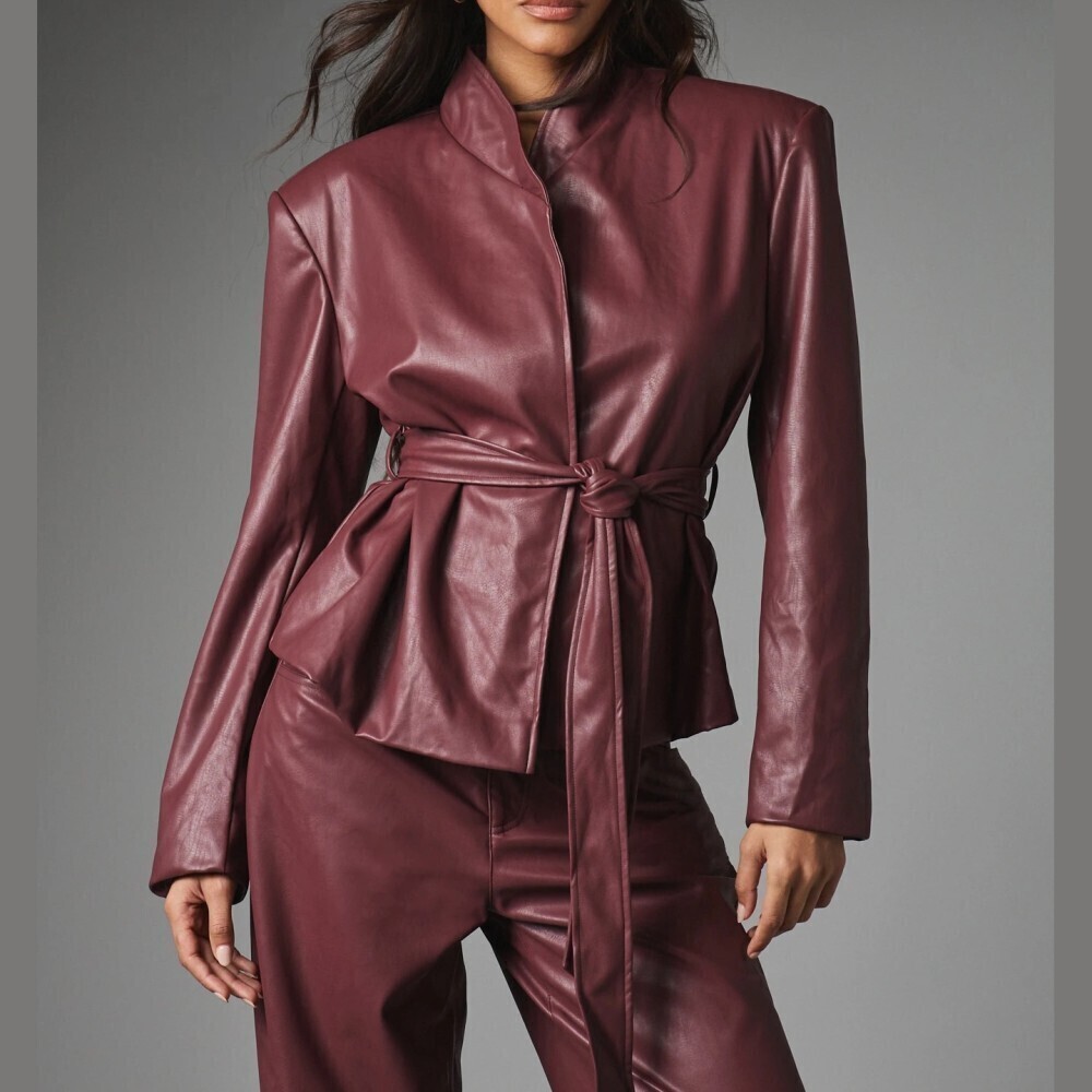Burgundy Faux Leather Belted Stand Collar Oversized Peplum Blazer